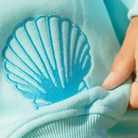 Pink palm puff Light Blue Hoodie with Palm Tree and Shell Design - Picture 3 of 6